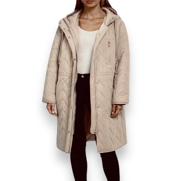Tan Quilted Thermal Hooded Long Winter Coat Puffer Jacket NEW - Picture 1 of 3